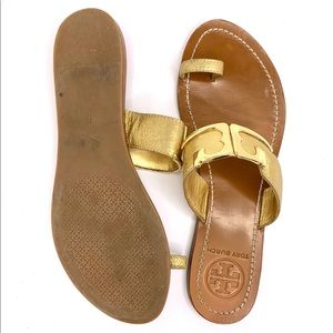 Tory Burch Gold Leather Toe Ring Marcia Sandals